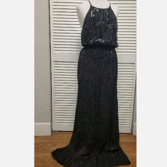 🌼SOLD. Windsor Black Silver Beaded/Sequins Full Length Evening Gown - Picture 1 of 7